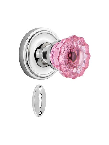 Classic Rosette Mortise Lock Set with Colored Fluted Crystal Glass Knobs Pink in Polished Chrome.